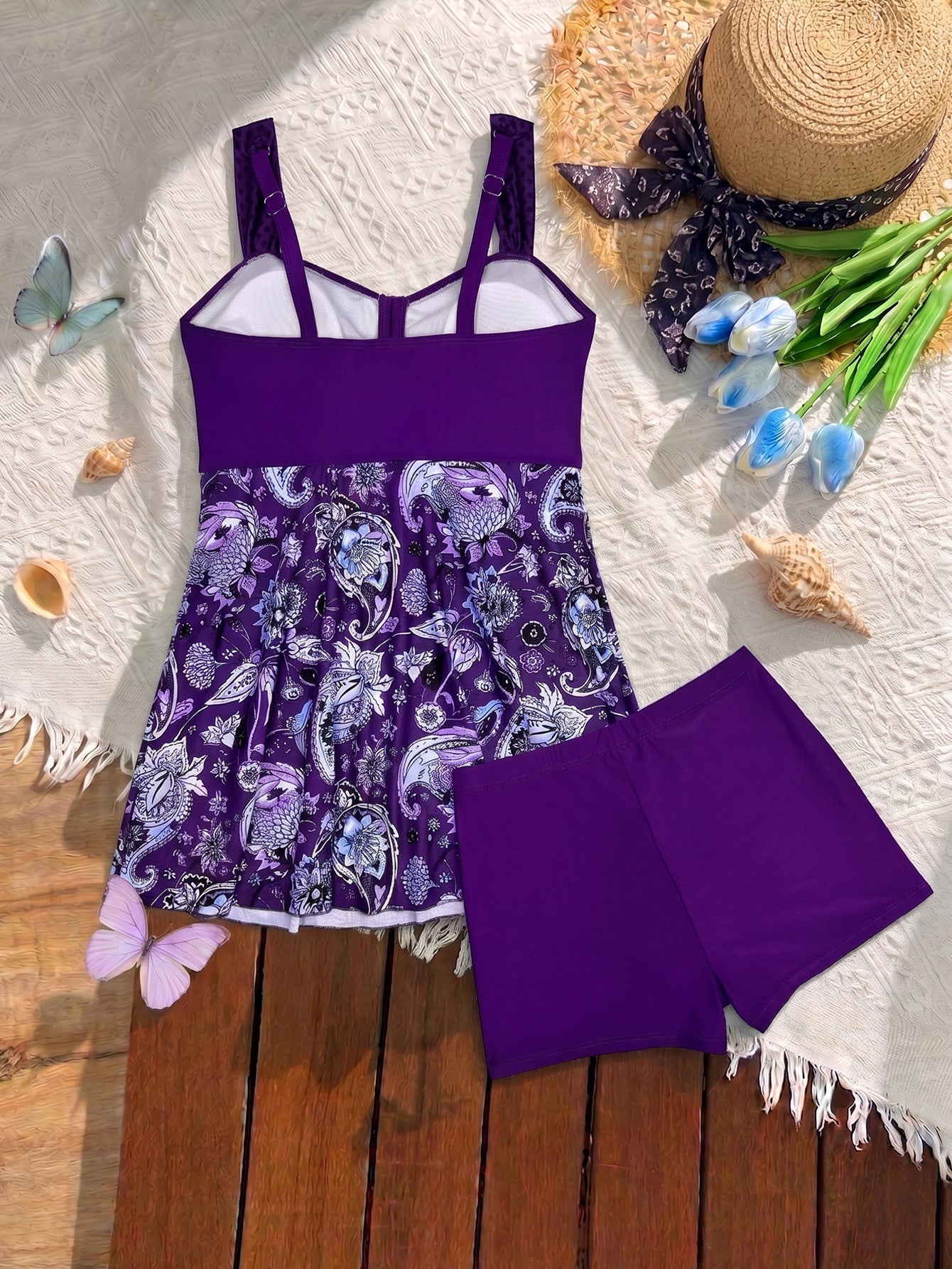 Vestido de baño floral con escote en V y tankini de dos piezas