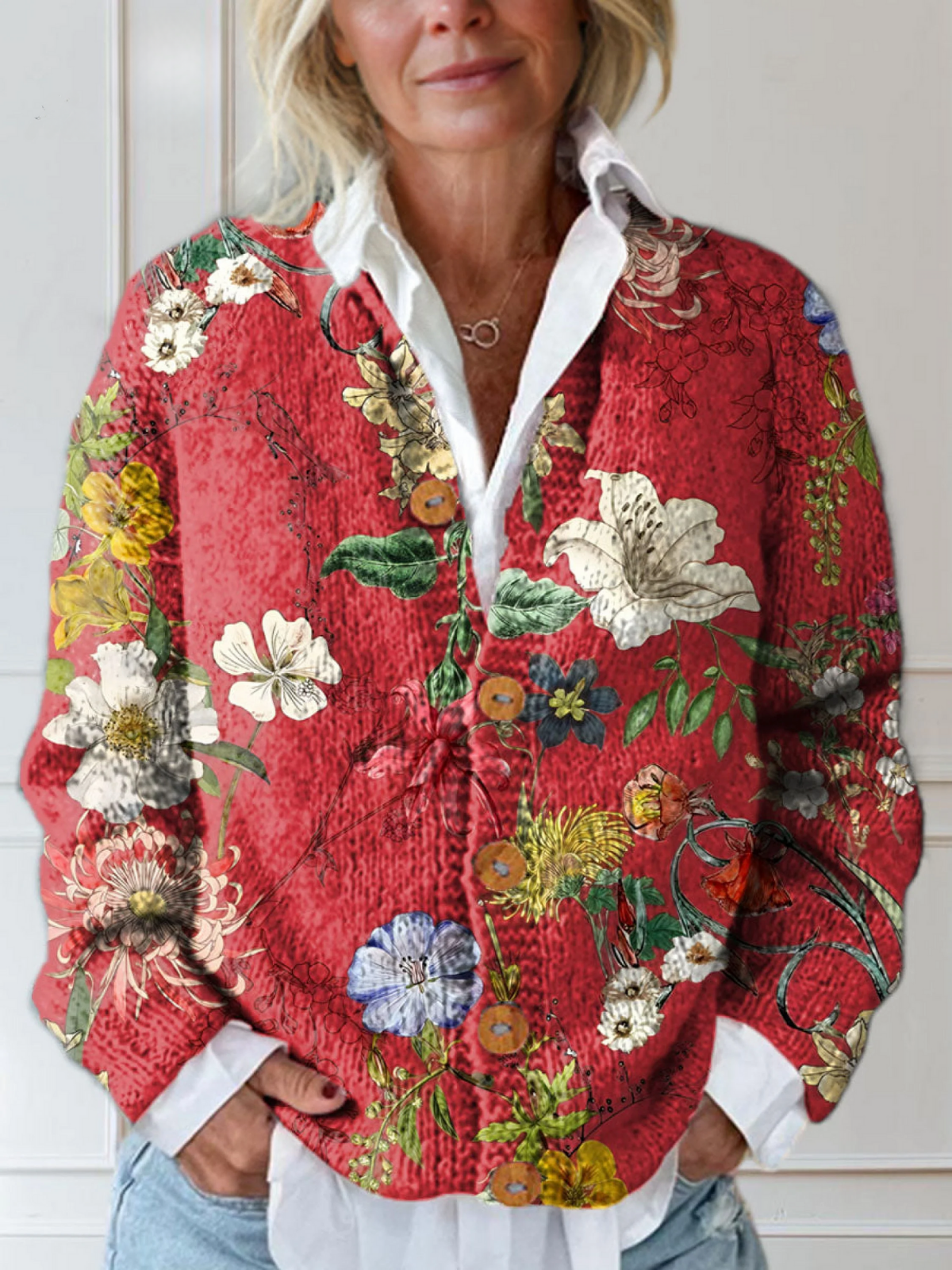 Dame Vintage Blomstret Kunsttryk Cardigan med Knapper
