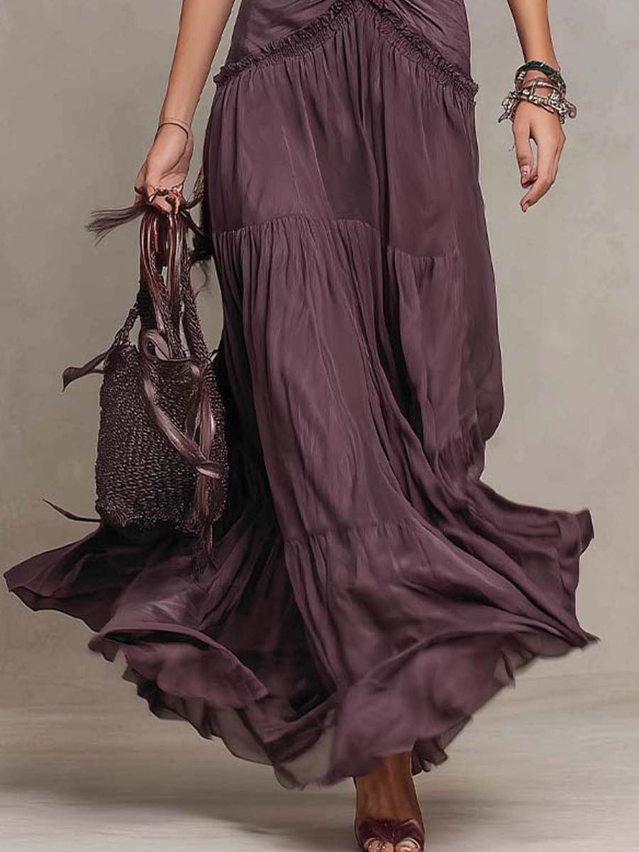 Vestido Longo Boêmio de Chiffon com Babados, Franzidos e Camadas