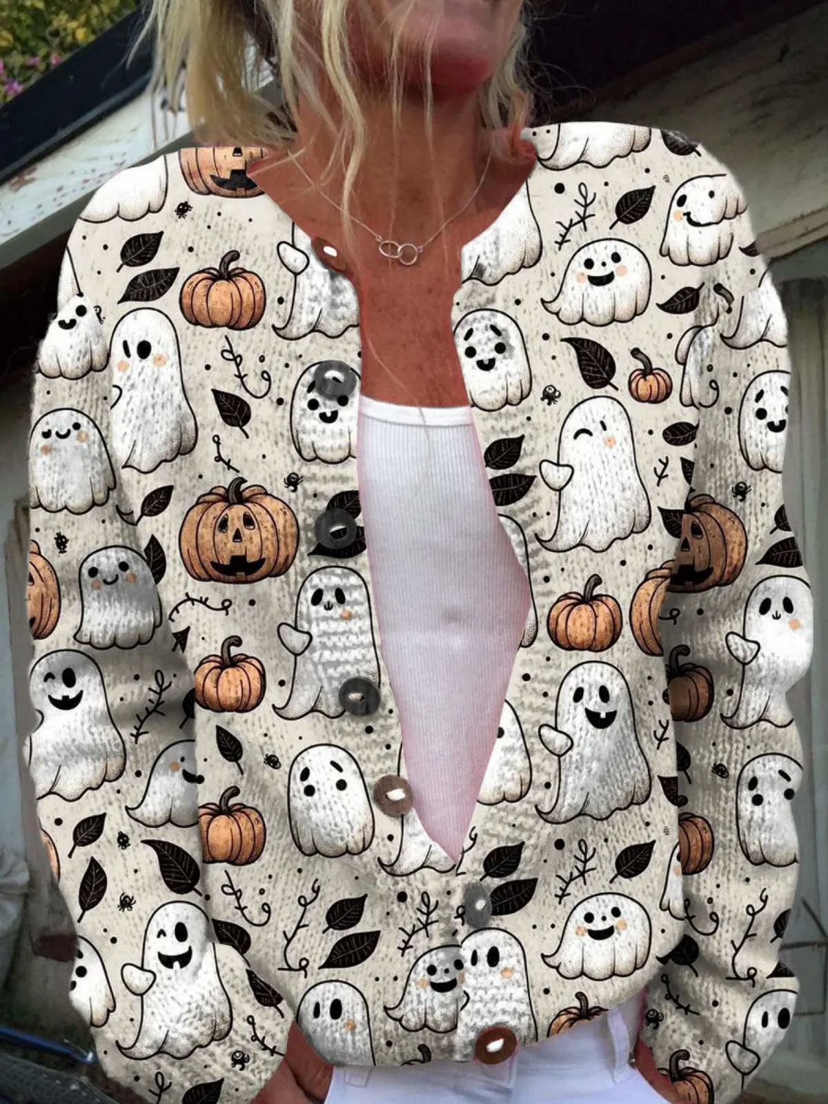 Sjovt spøgelse Halloween kunsttryk knaplukket cardigantrøje
