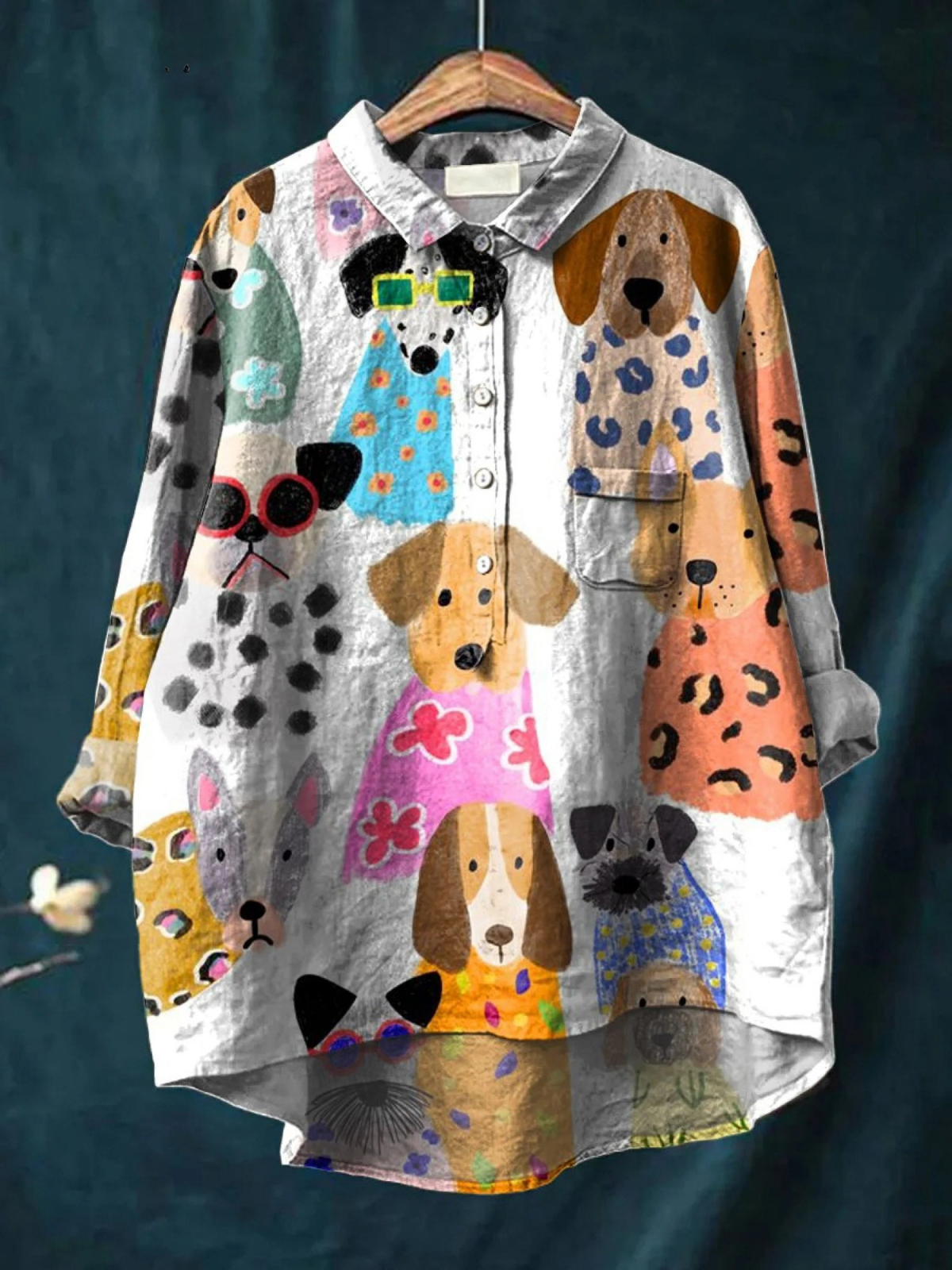 Lucy | Kvinders Farverig Sjov Tegneserie Hvalp Print Casual Skjorte