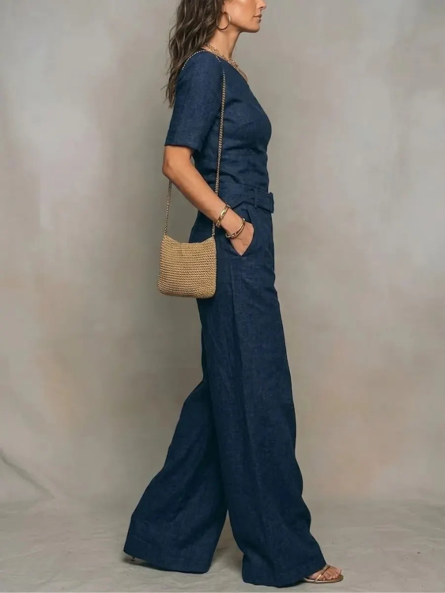 Solene | Hør One-Shoulder Jumpsuit med Bukser med Vide Ben