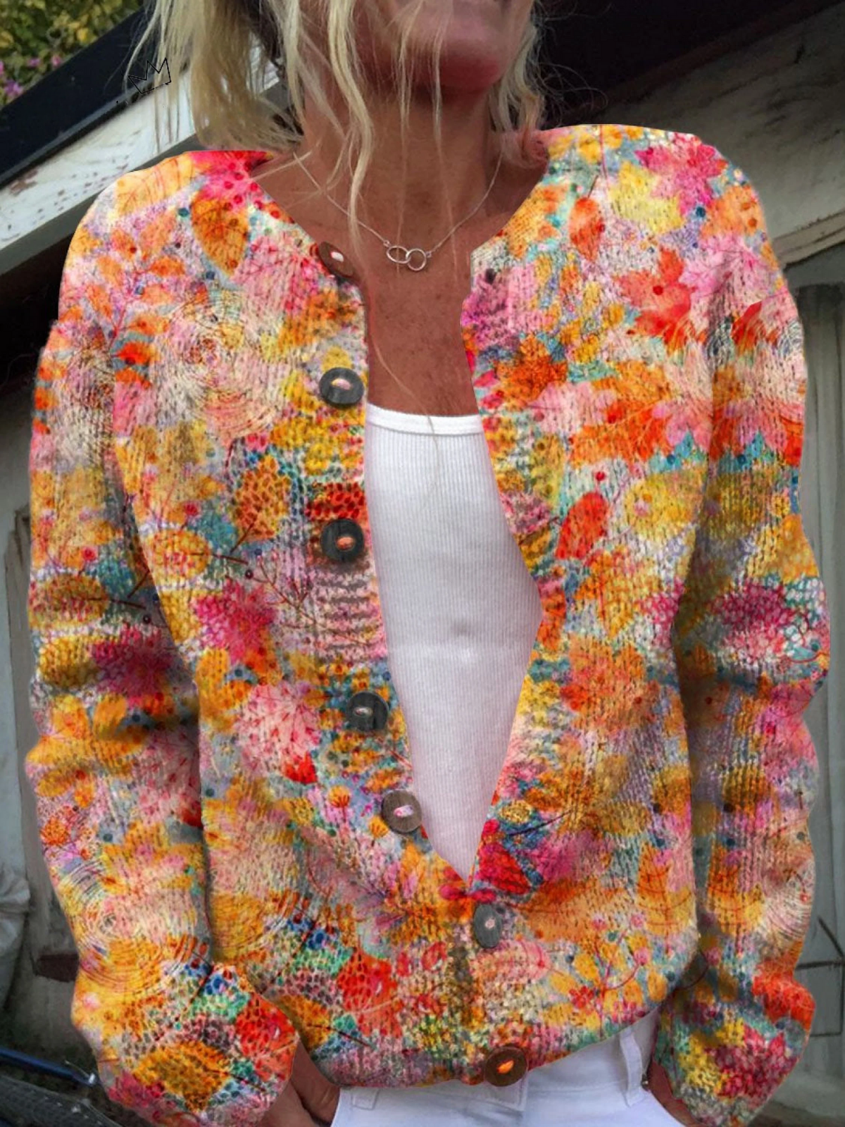 Blomstret knaplukket afslappet cardigan sweater