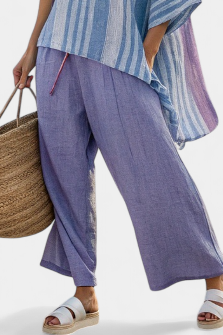 Zellora | Elegant lavendel- og himmelblå top og linnedbukser