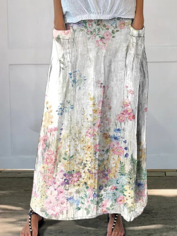 Roxane | Vintage botanisk blomstret nederdel med elastik i taljen og lommer