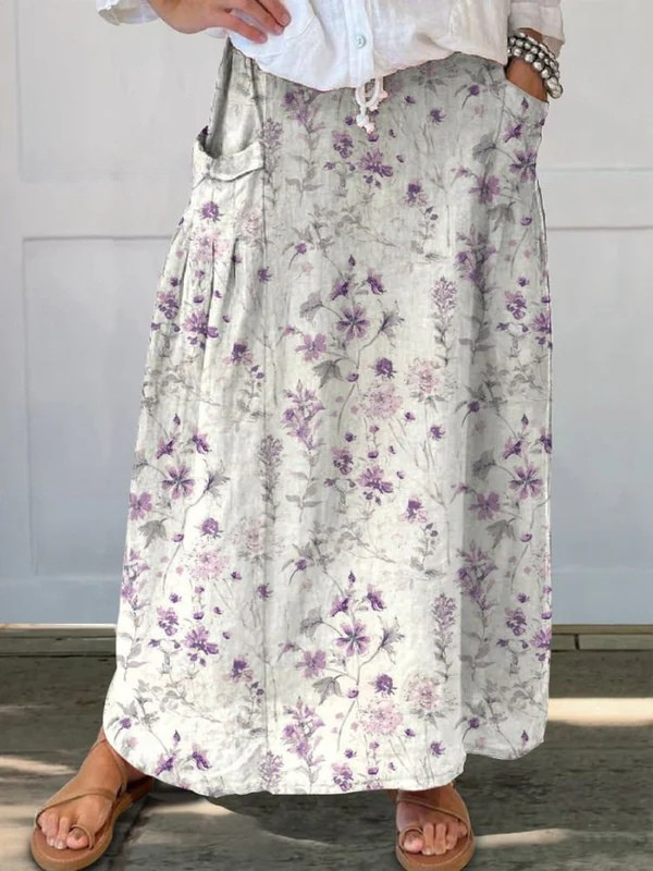Eloisa | Vintage blomsterkunst nederdel med elastik i taljen og lommer