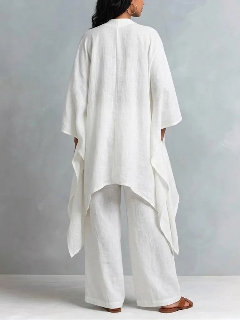 Celeste | Bomuld-linned asymmetrisk cardigan og buksetrusser med vide ben sæt