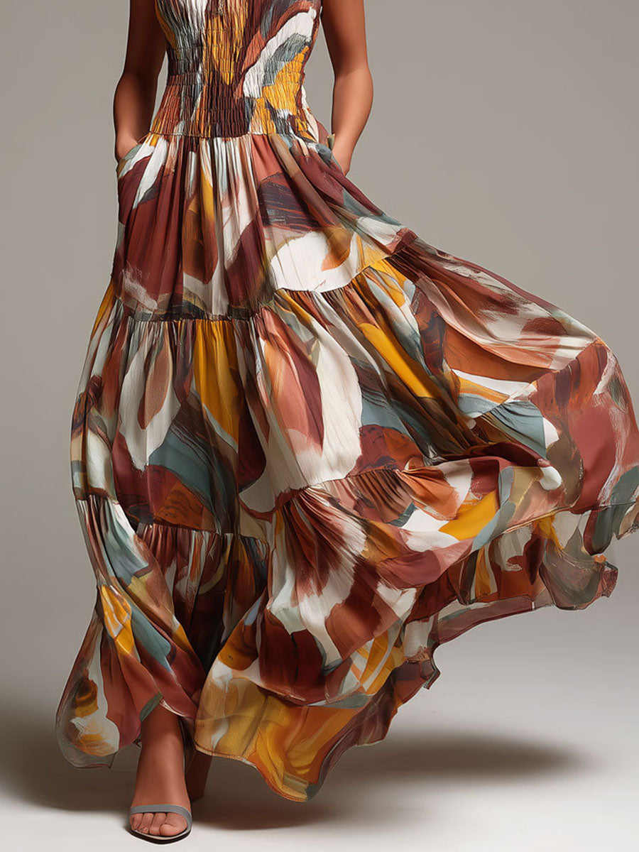Vestido Longo Boho com Corpete Franzido Multicolorido Abstrato