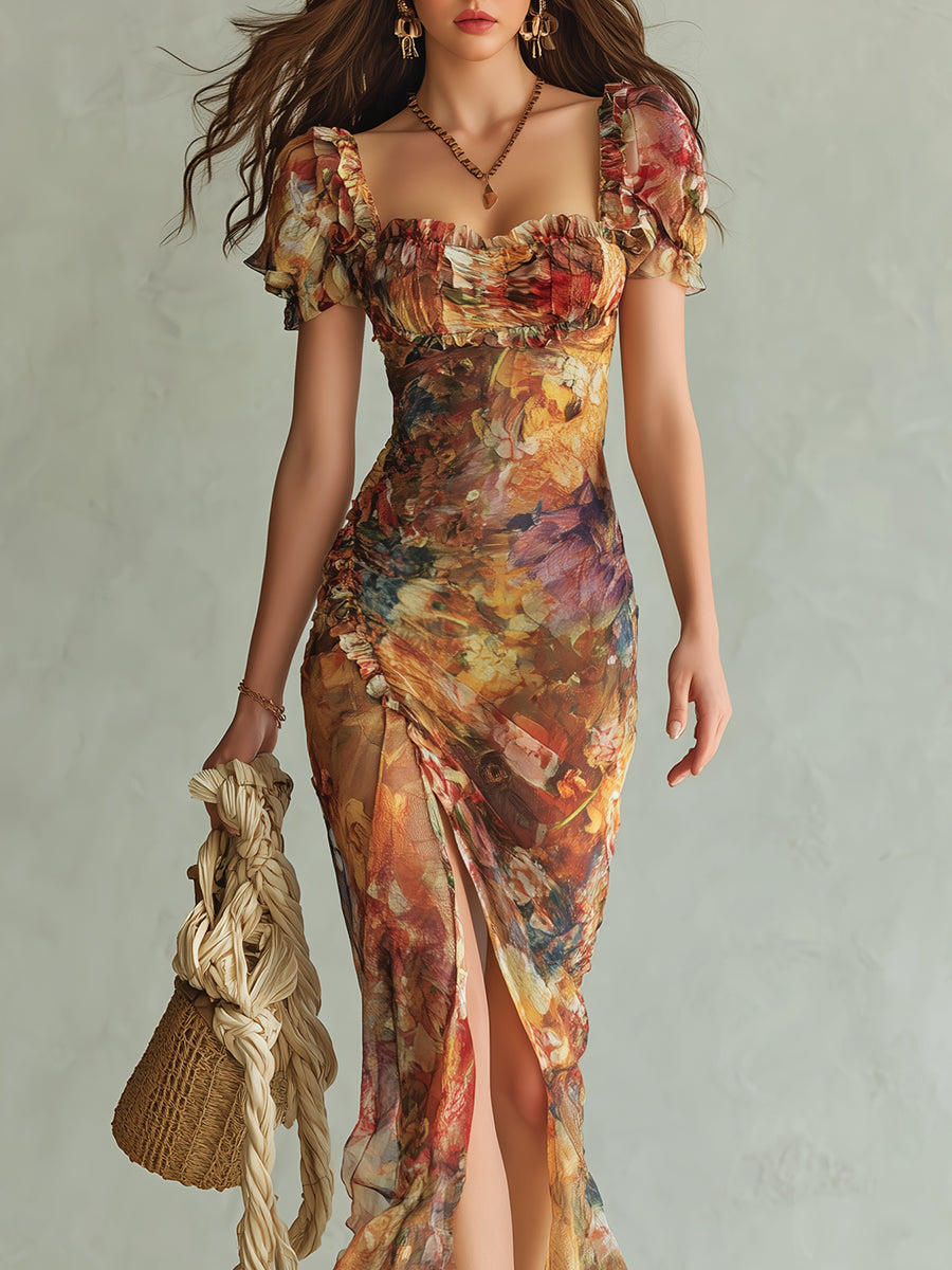 Vestido Longo de Chiffon Estampado com Pintura a Óleo Boho Holiday