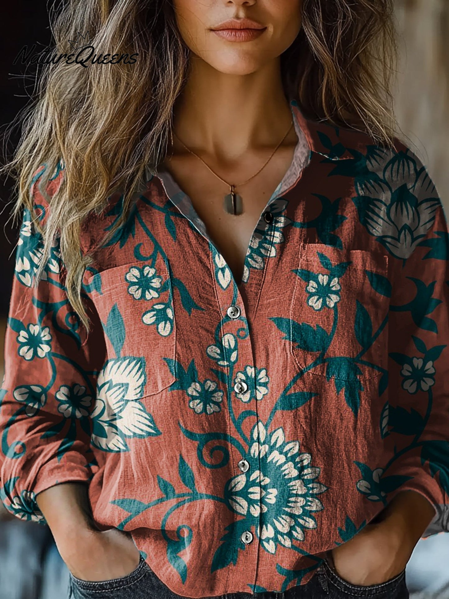 Judith | Dame Retro Røde Blomster Print Casual Langærmet Komfortabel Bomuldsskjorte