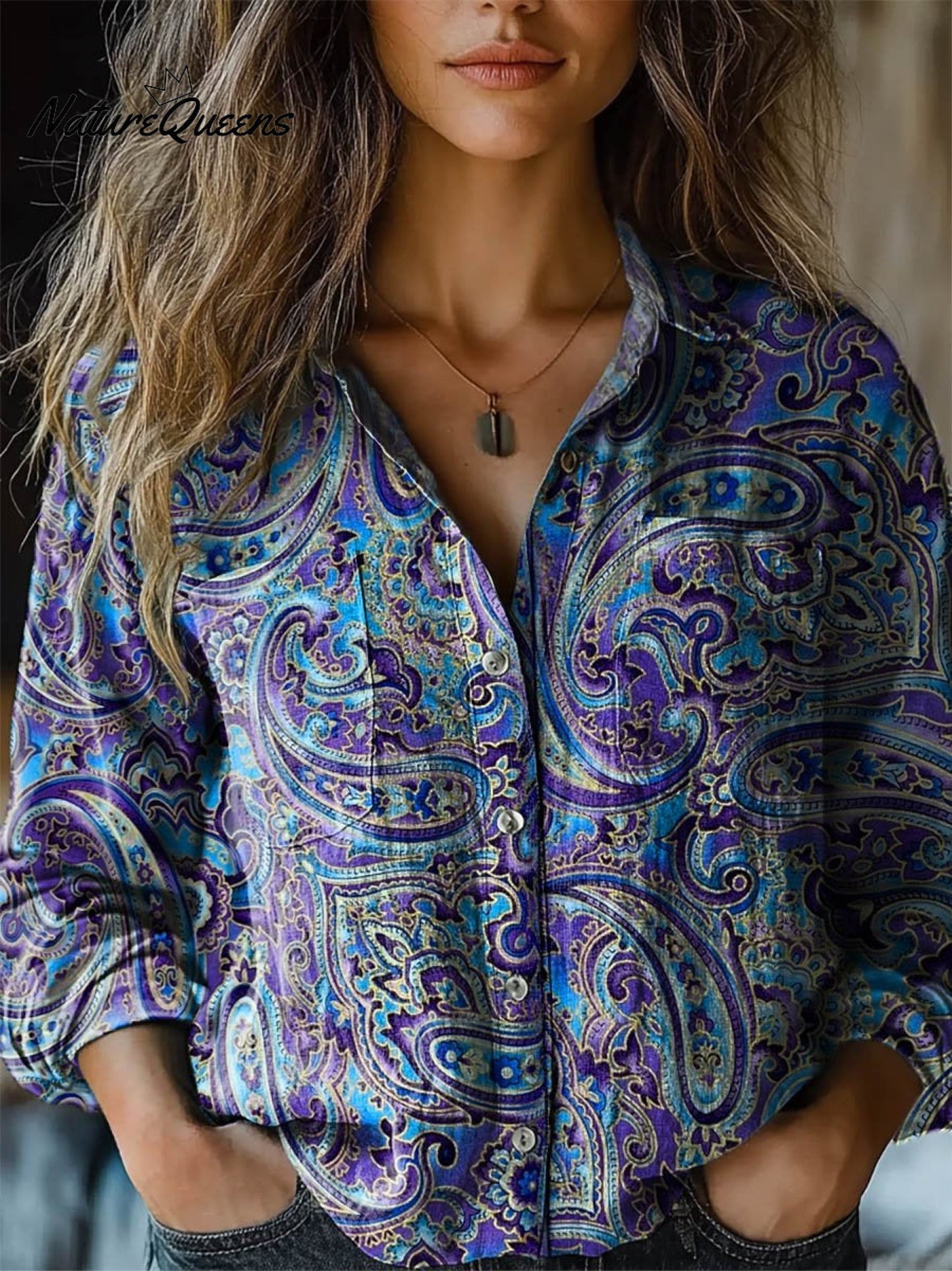 Cynthia | Damefolk blomst Paisley print langærmet behagelig bomuldsskjorte