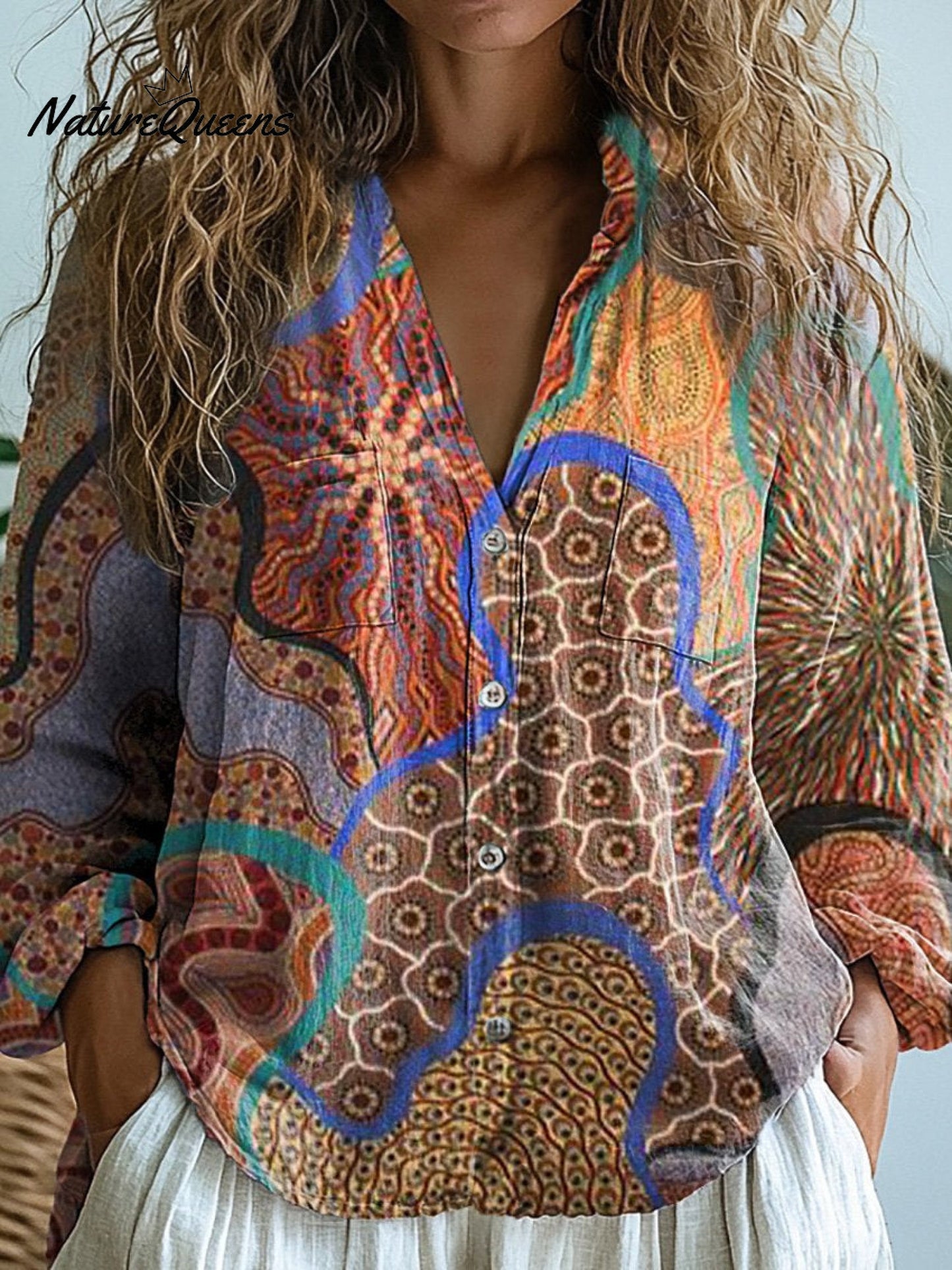 Amy | Ethnic Style Tribal Pattern Printed Women's Casual Long Sleeve Comfortable Cotton Shirt