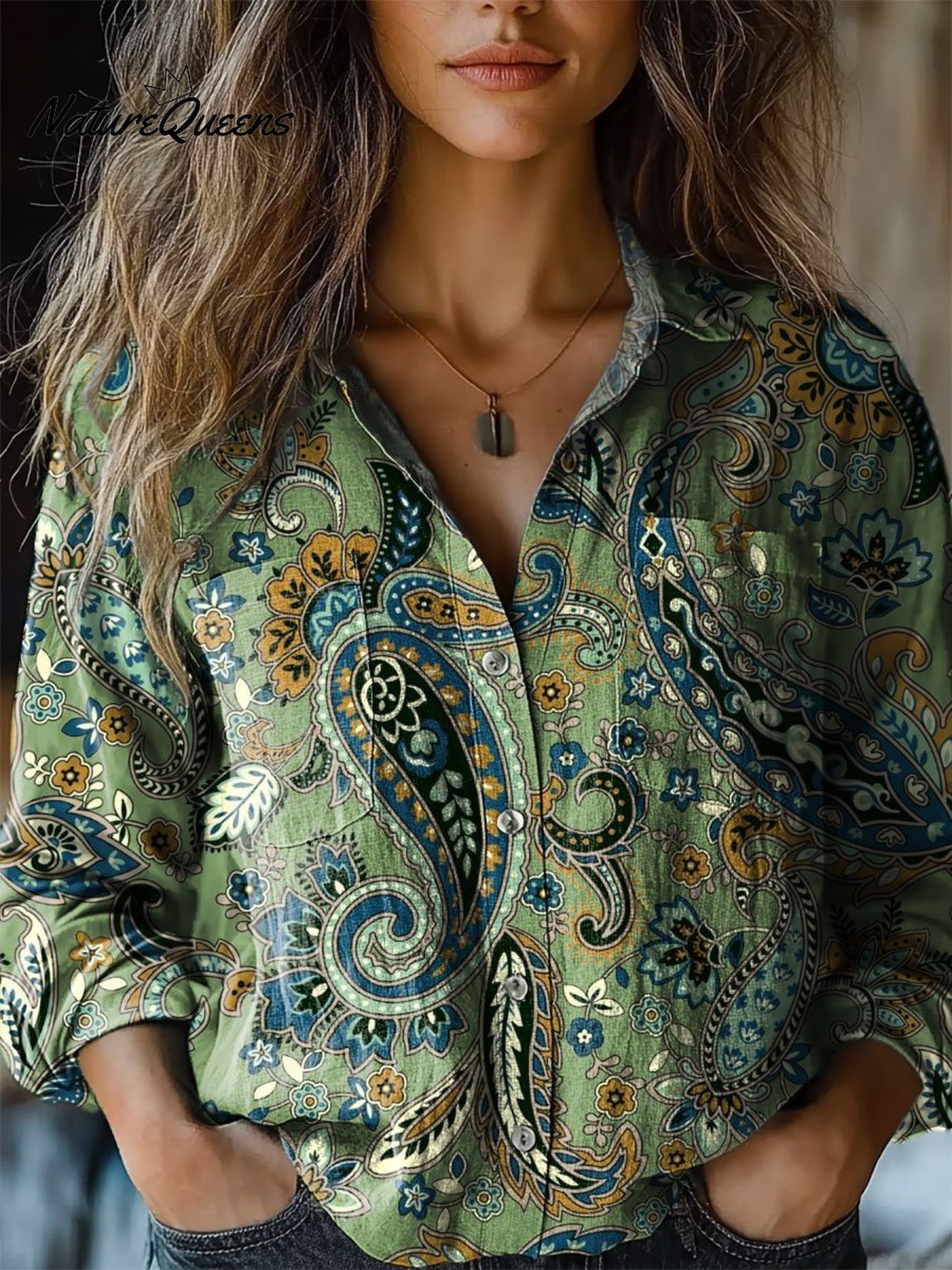 Melissa | Dame Paisley-mønster Kunsttryk Casual Langærmet Komfortabel Bomuldsskjorte