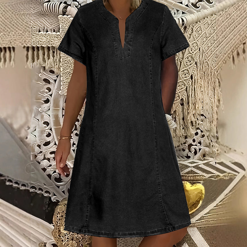 Women's Denim Dress – V-Neck, Short Sleeve, Casual