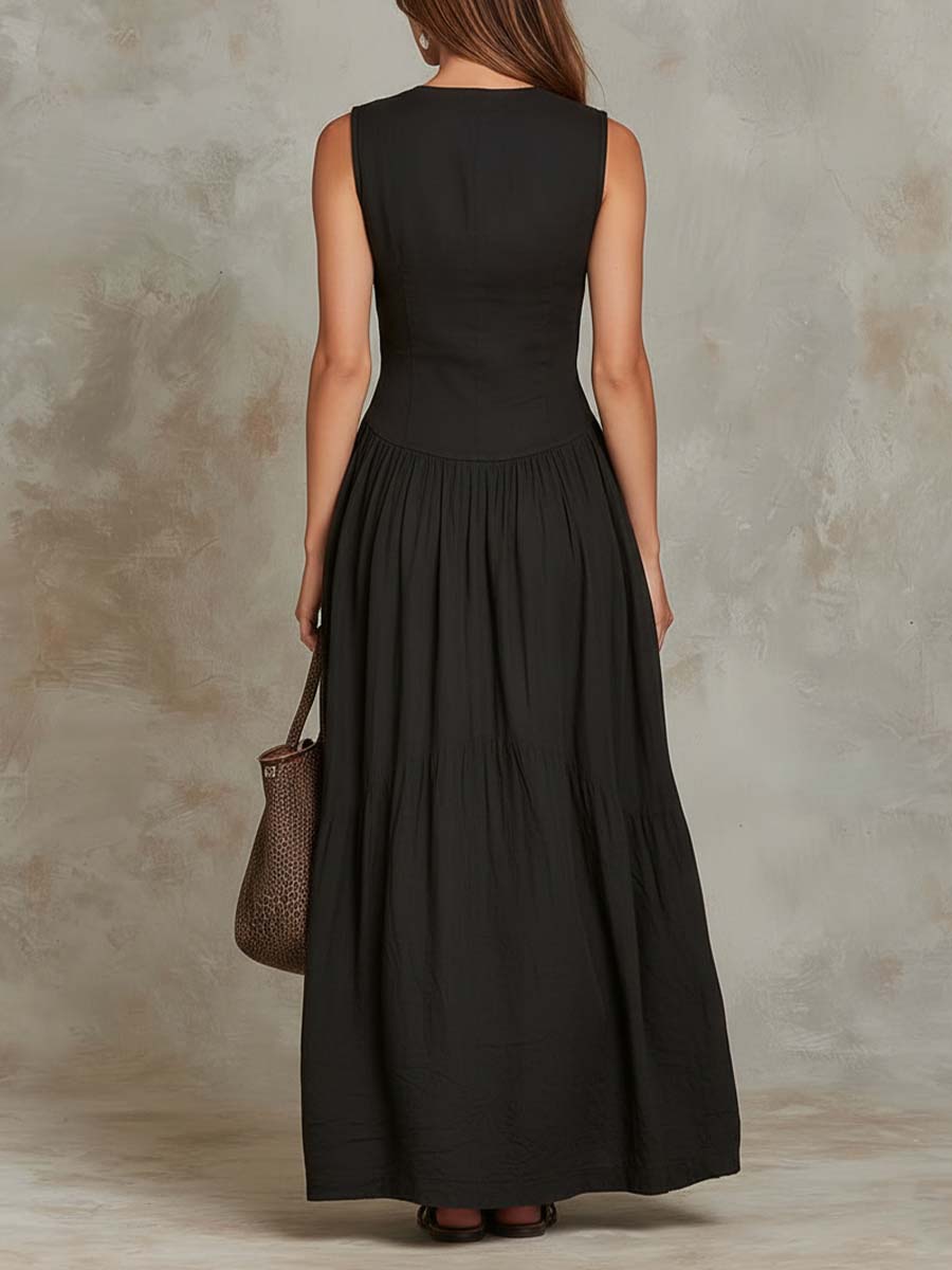 Vestido Longo de Algodão com Bolso de Aba Retrô