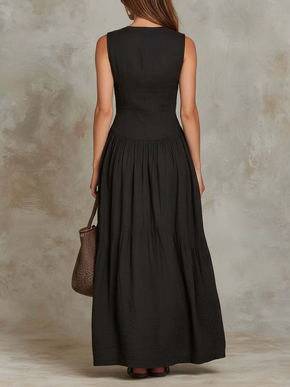 Vestido Longo de Algodão com Bolso de Aba Retrô