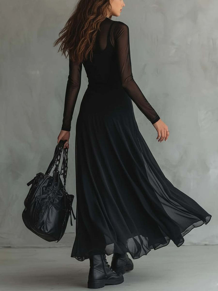 Vestido Longo com Mangas Transparentes Retrô