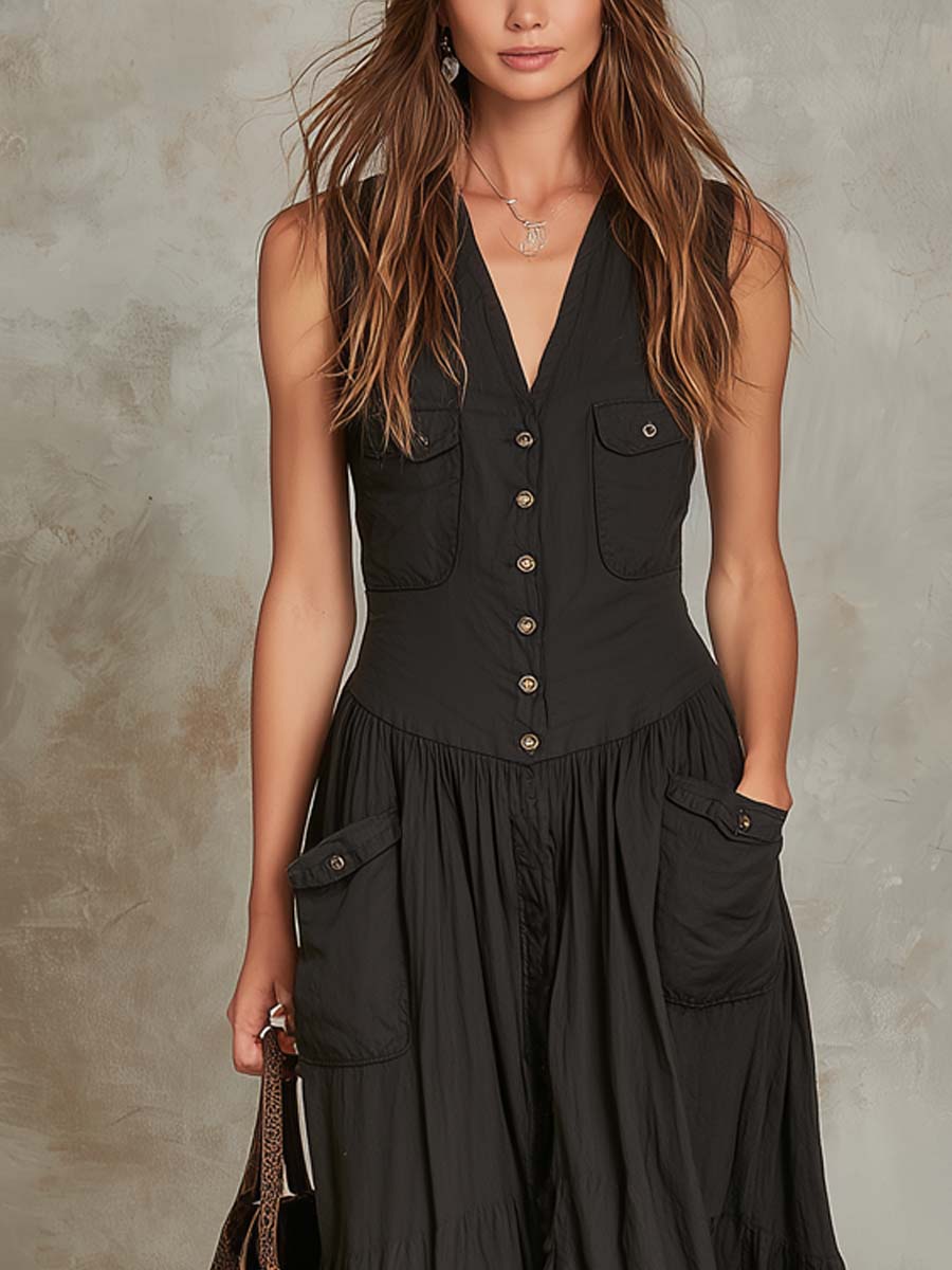Vestido Longo de Algodão com Bolso de Aba Retrô