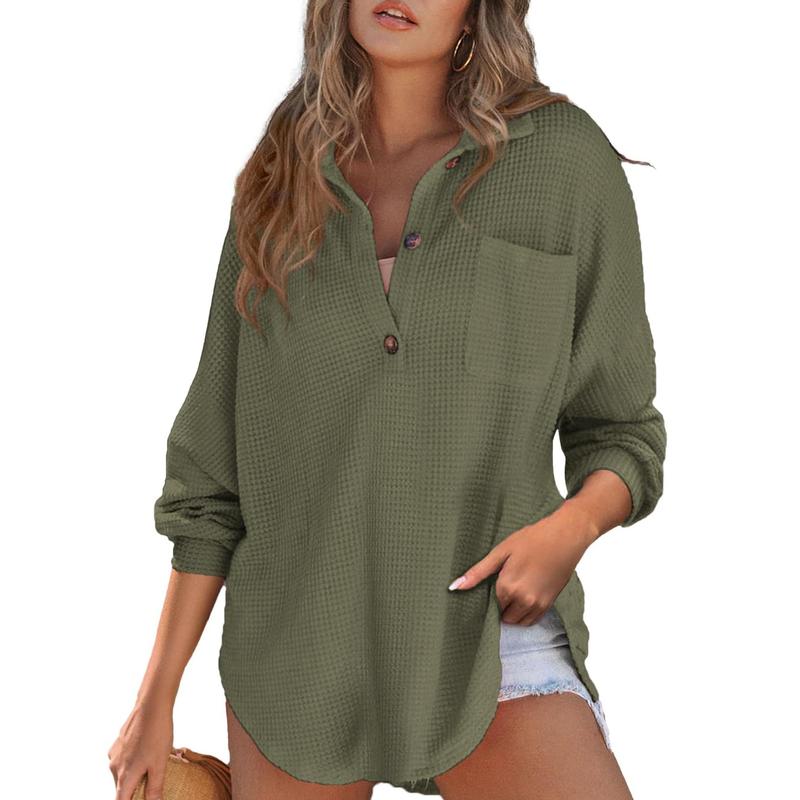 RHANNON™ - Suéter Casual Oversized de Manga Longa com Decote V e Textura Waffle