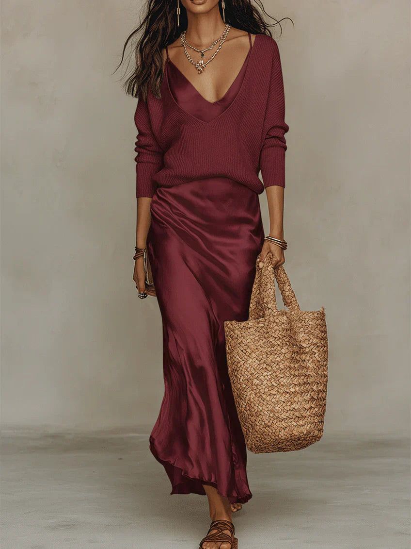 Elena | Vestido Midi de Cetim com Suéter Incluso