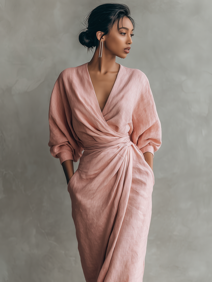 Women's Minimalist V-neck Linen Blend Maxi Dress
