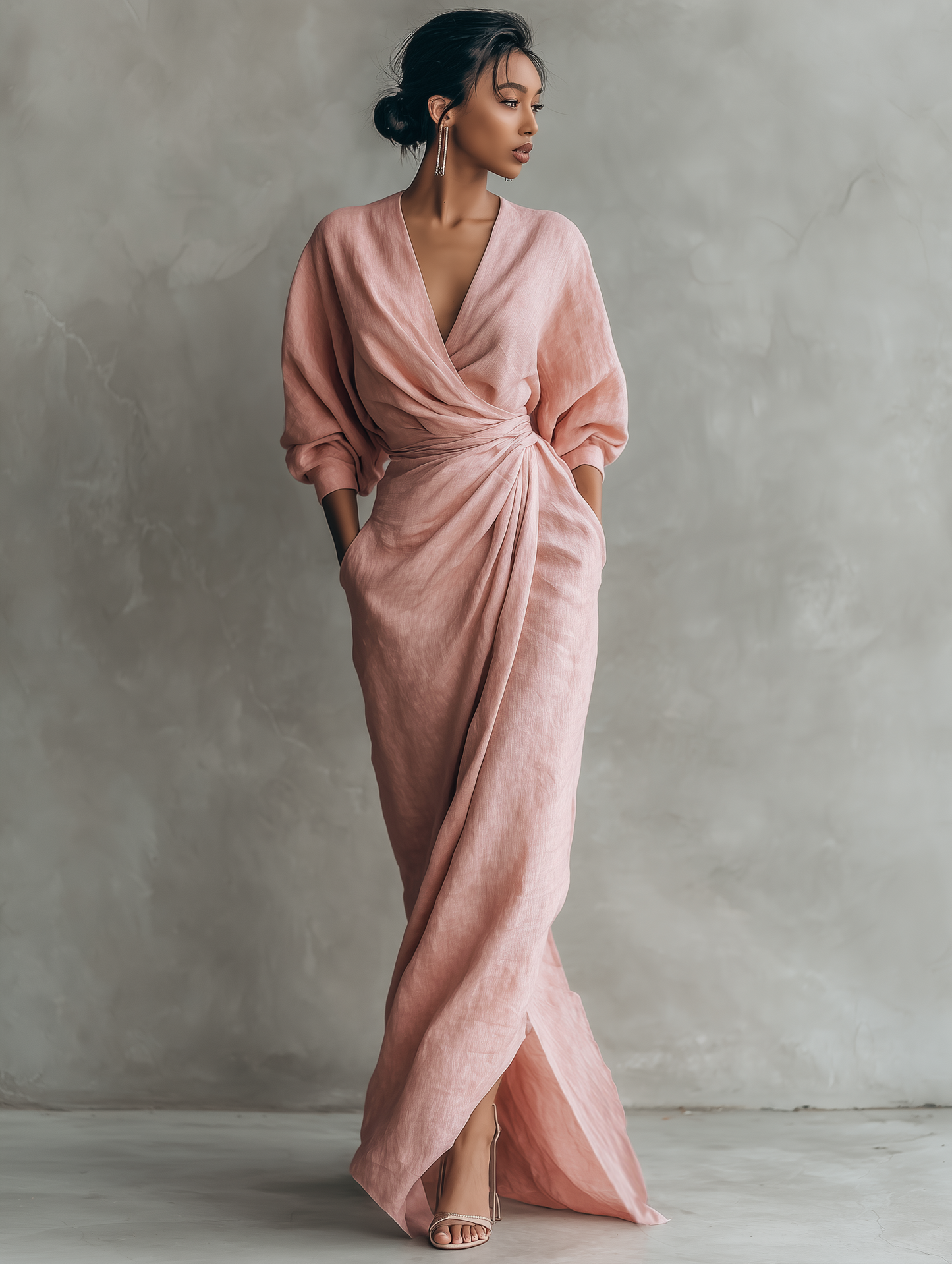 Women's Minimalist V-neck Linen Blend Maxi Dress