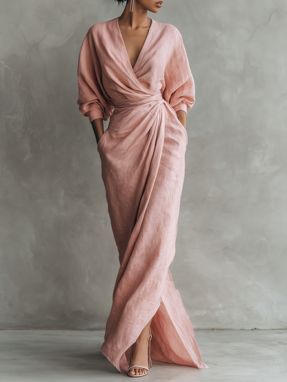 Women's Minimalist V-neck Linen Blend Maxi Dress