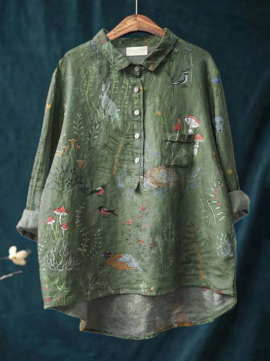 Emily | Camisa Casual Feminina Estampada com Padrão Repetido de Floresta e Animais