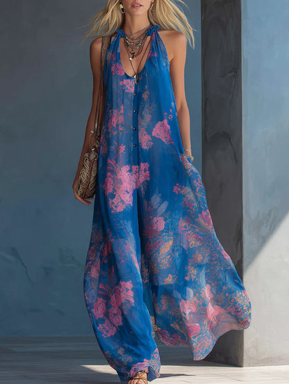 Maxikjole i chiffon med blomsterprint og halterneck