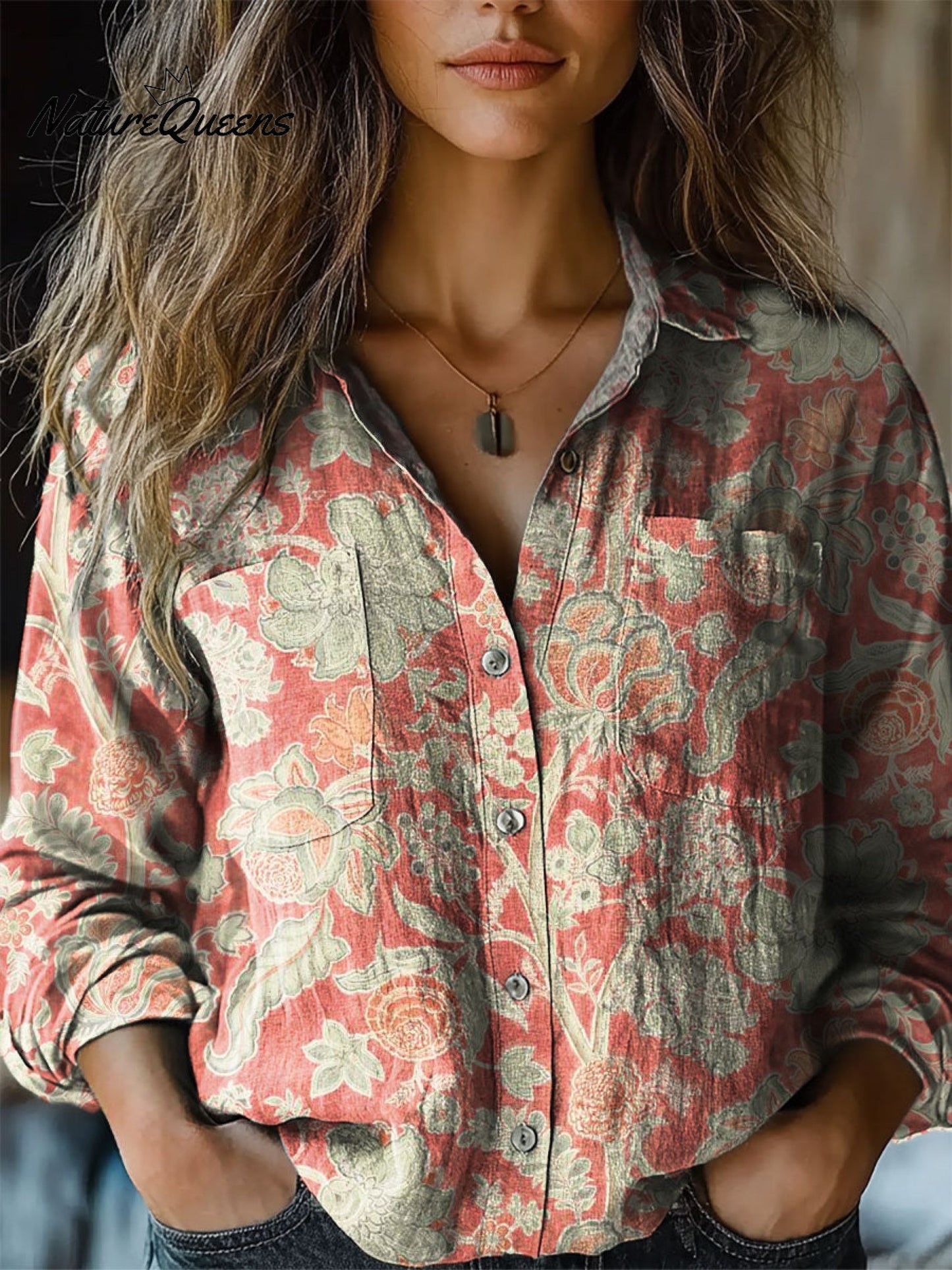 Angela | Women's Vintage Lovely Floral Pattern Art Print Casual Long Sleeve Comfortable Cotton Shirt