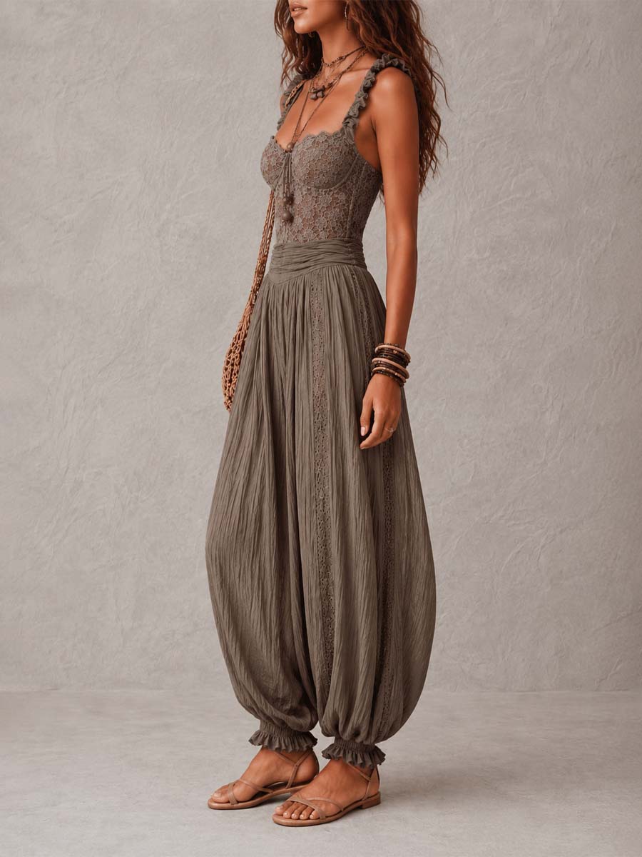 Bohemian Taupe Lace Bustier And Crinkle Cotton Harem Pants Set