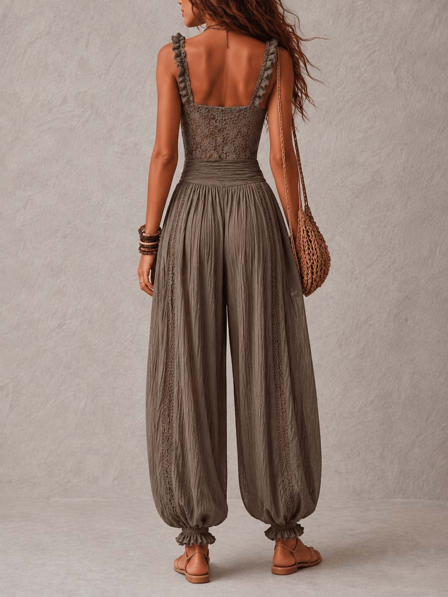 Bohemian Taupe Lace Bustier And Crinkle Cotton Harem Pants Set