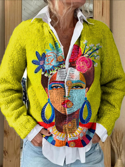 Olie Maleri Freda Portræt Kunst Trykt Knapper Cardigan Sweater