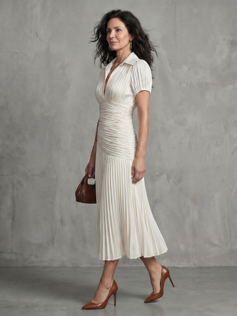 Theadora | Pleated Waistline Stripe Midi Dress