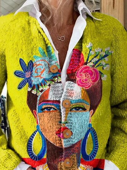 Olie Maleri Freda Portræt Kunst Trykt Knapper Cardigan Sweater
