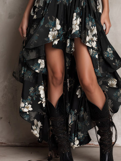 Boho-Midikleid mit Blumenmuster, asymmetrischem Saum und Rüschen