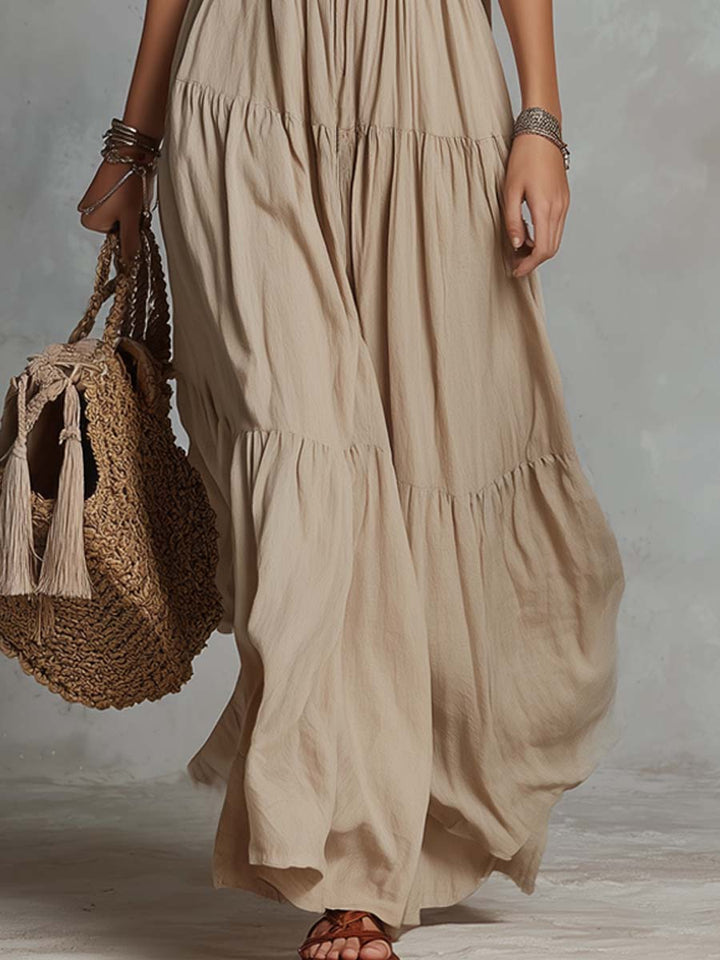 Vestido Longo Retrô de Algodão e Linho com Gola de Renda