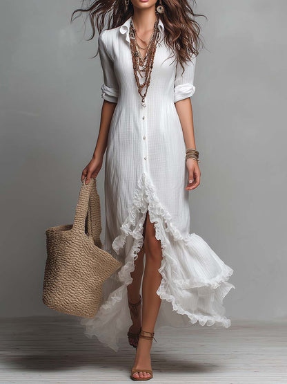 Bohemian Linen-Cotton Ruffle Hem Button-Down Maxi Shirt Dress