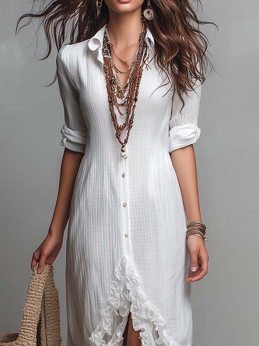 Bohemian Linen-Cotton Ruffle Hem Button-Down Maxi Shirt Dress