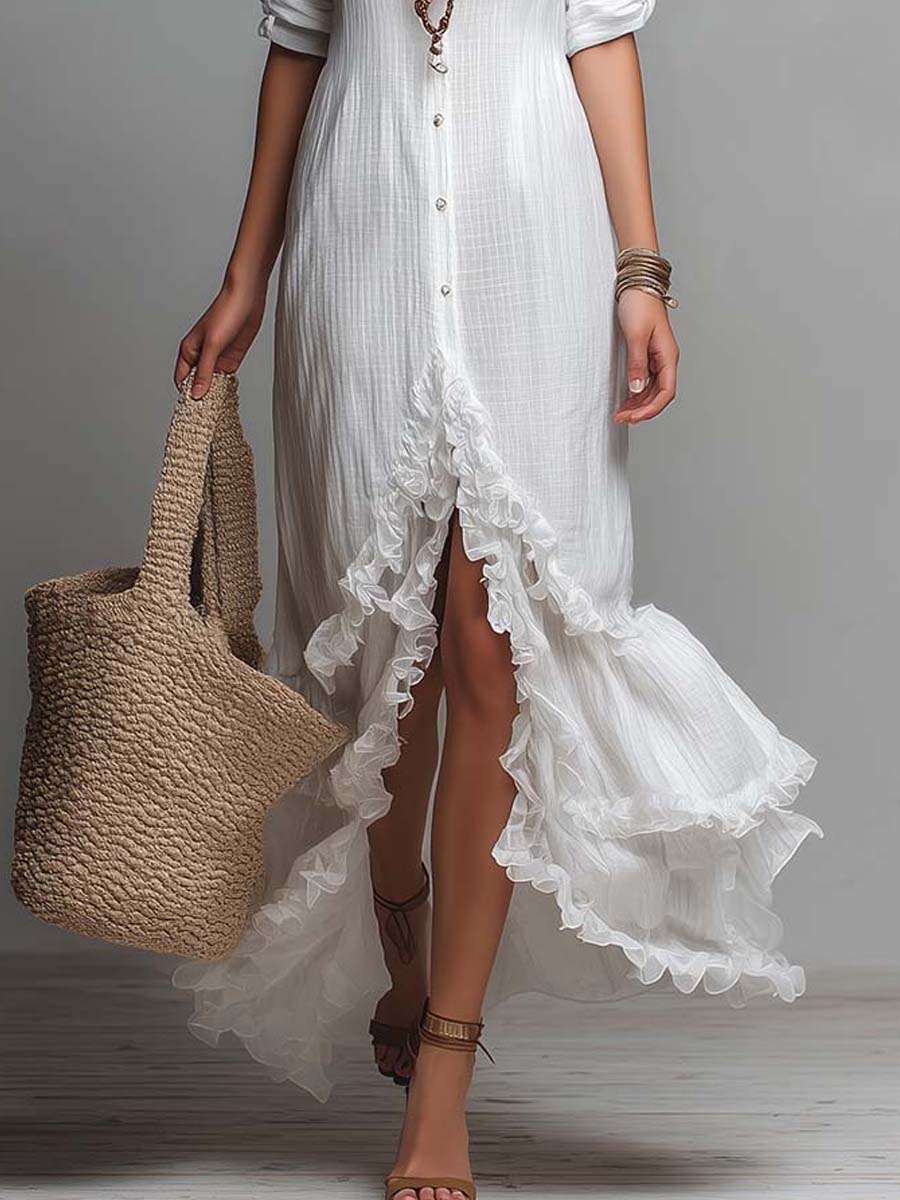 Bohemian Linen-Cotton Ruffle Hem Button-Down Maxi Shirt Dress