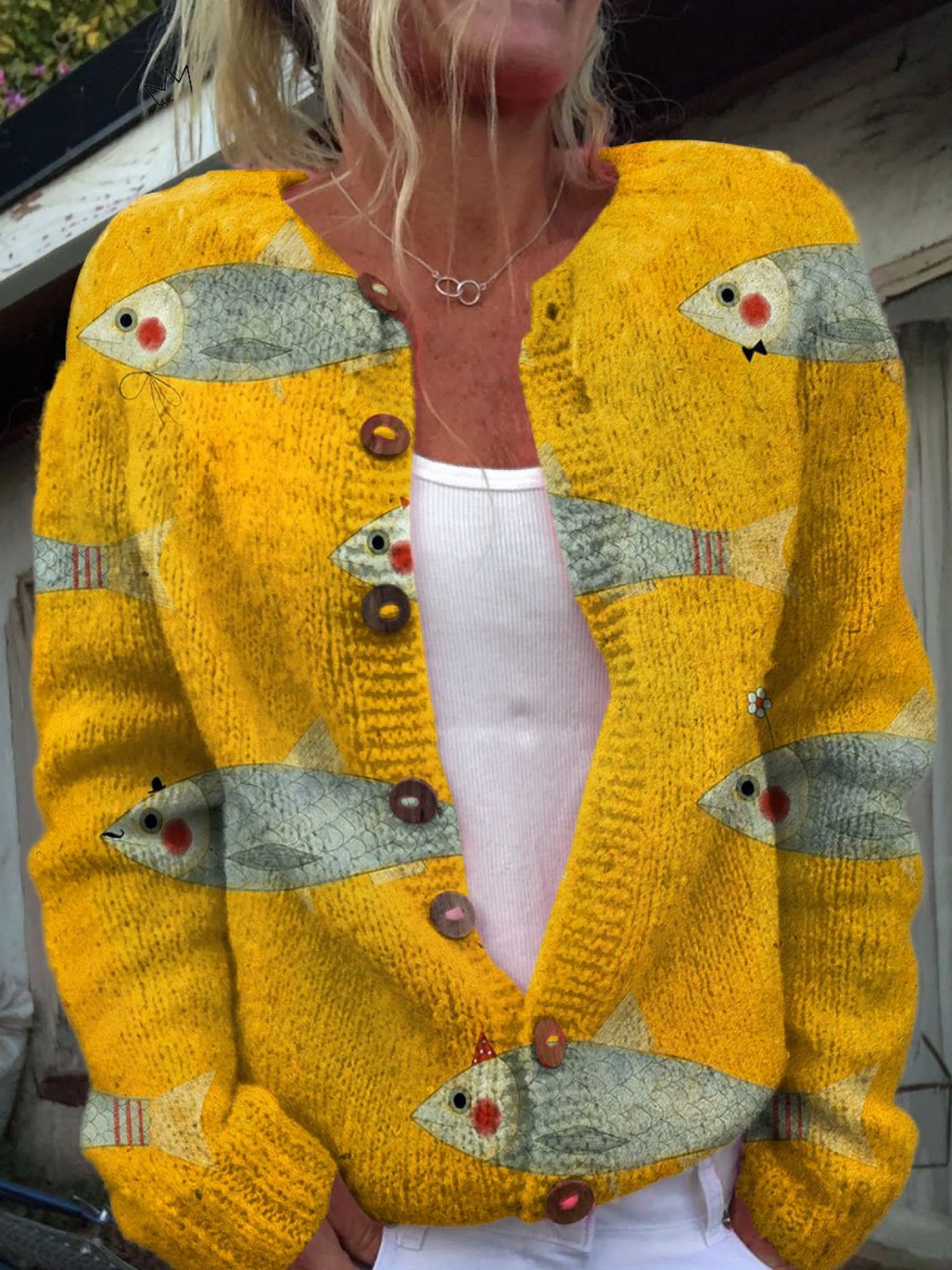 Suéter Cardigan com Botões Estampa Vintage de Sardinhas Fish Art