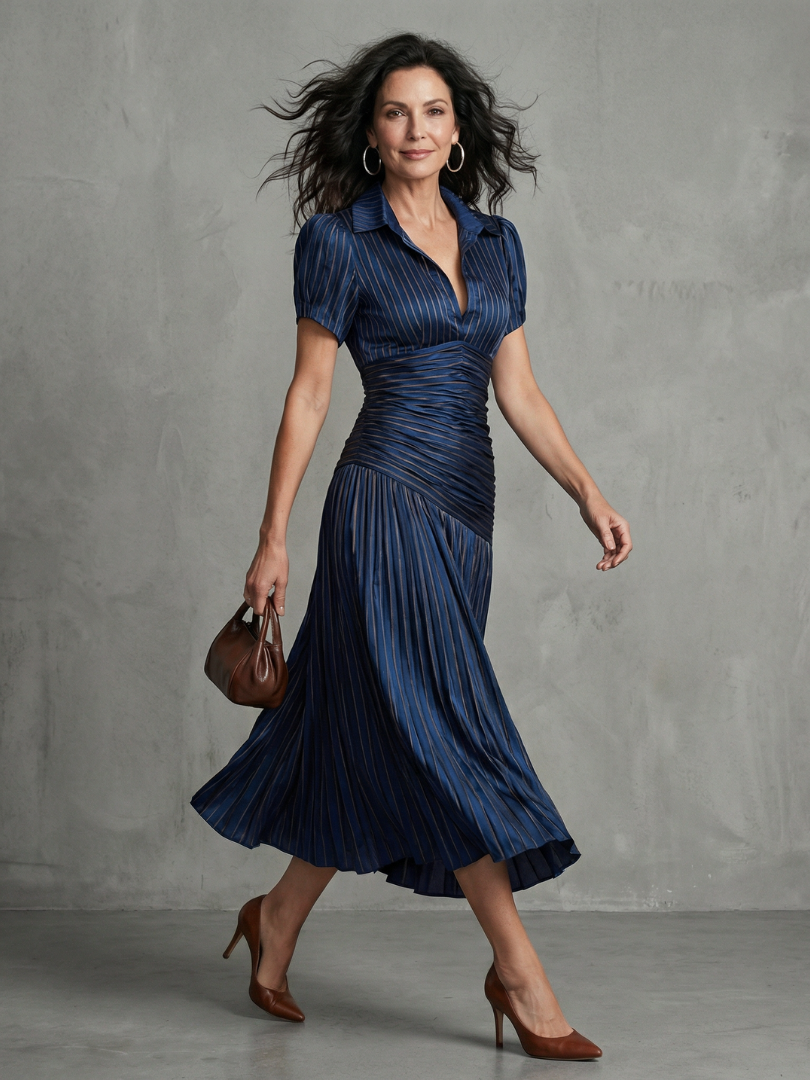 Theadora | Pleated Waistline Stripe Midi Dress