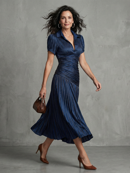 Theadora | Pleated Waistline Stripe Midi Dress
