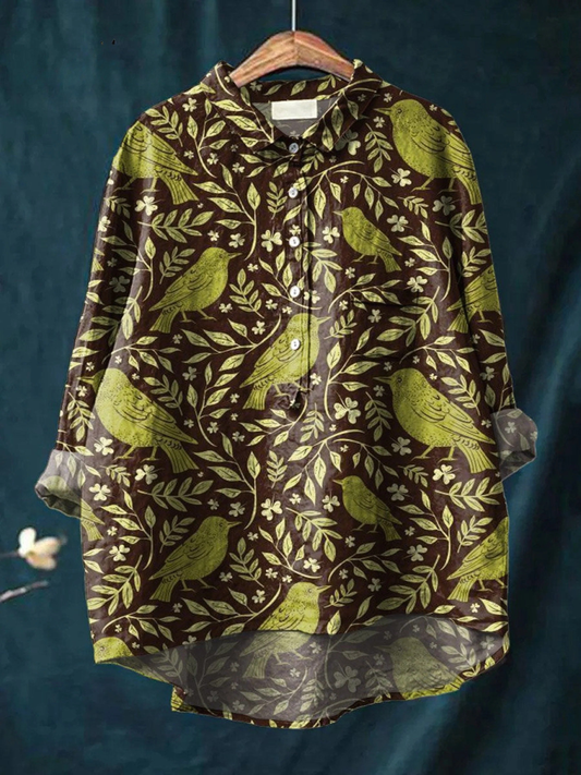 Victoria | Camisa Casual Feminina com Estampa Vintage de Flores e Pássaros