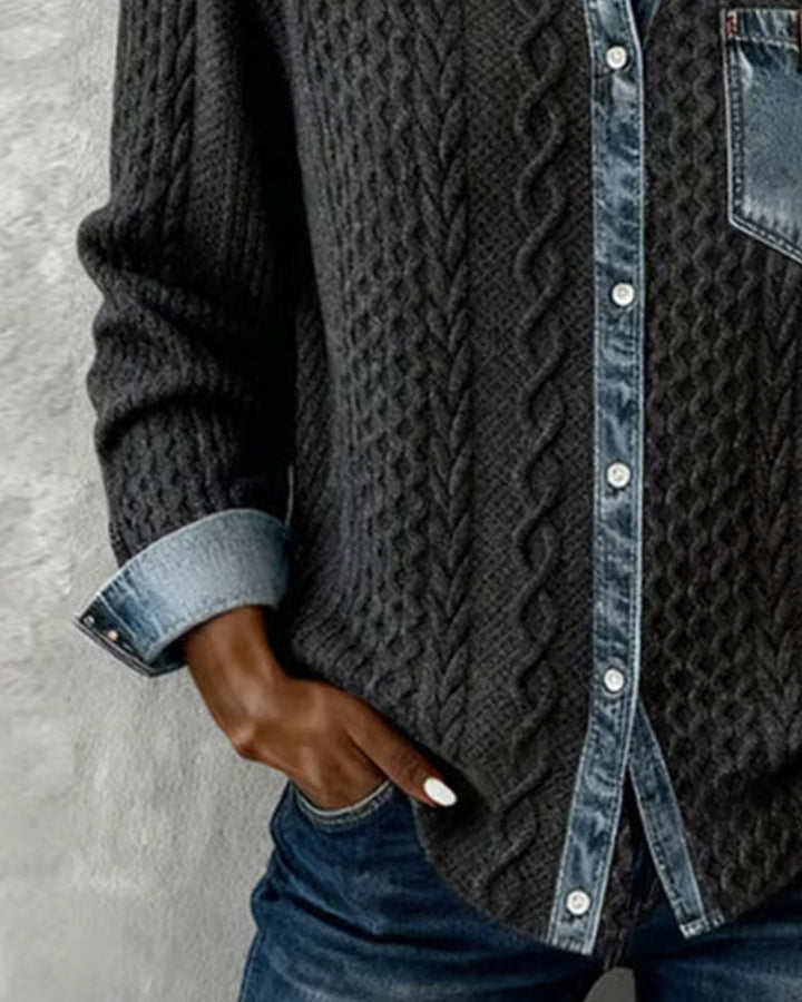 Camisa de Manga Longa com Patchwork em Denim