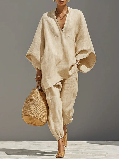 The Cotton Linen V-Neck Top & Wide-Leg Trousers Set