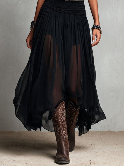 Vestido Maxi Boho Western Esticado com Saia Transparente