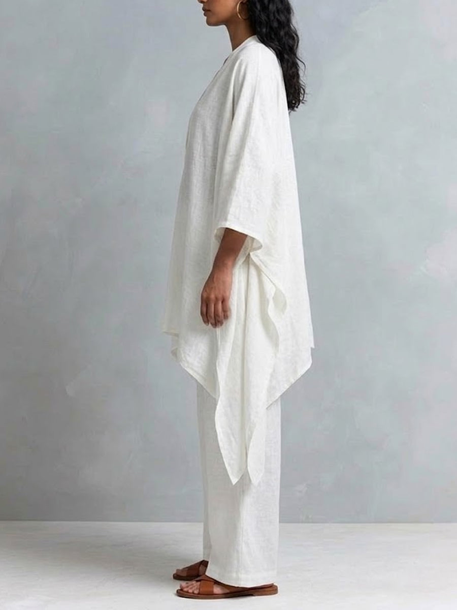 Celeste | Bomuld-linned asymmetrisk cardigan og buksetrusser med vide ben sæt