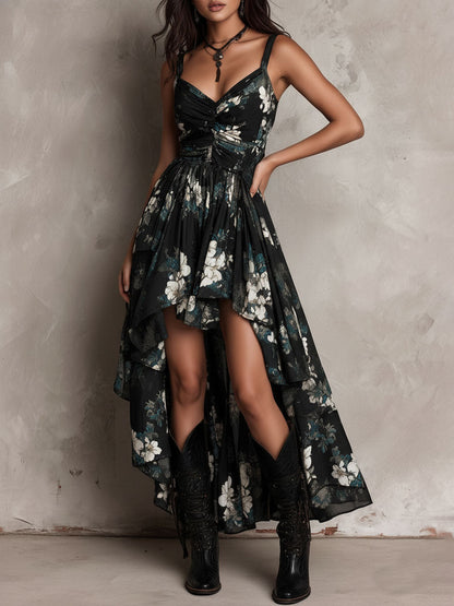 Boho-Midikleid mit Blumenmuster, asymmetrischem Saum und Rüschen