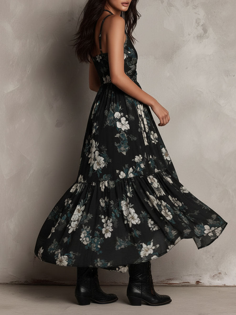 Boho-Midikleid mit Blumenmuster, asymmetrischem Saum und Rüschen